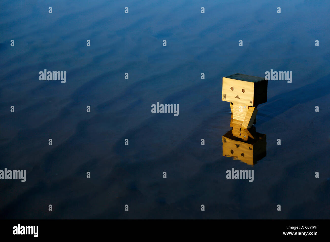 A Danbo Danboard fictional Robot Character walking through a shallow pool of water on a beach Stock Photo
