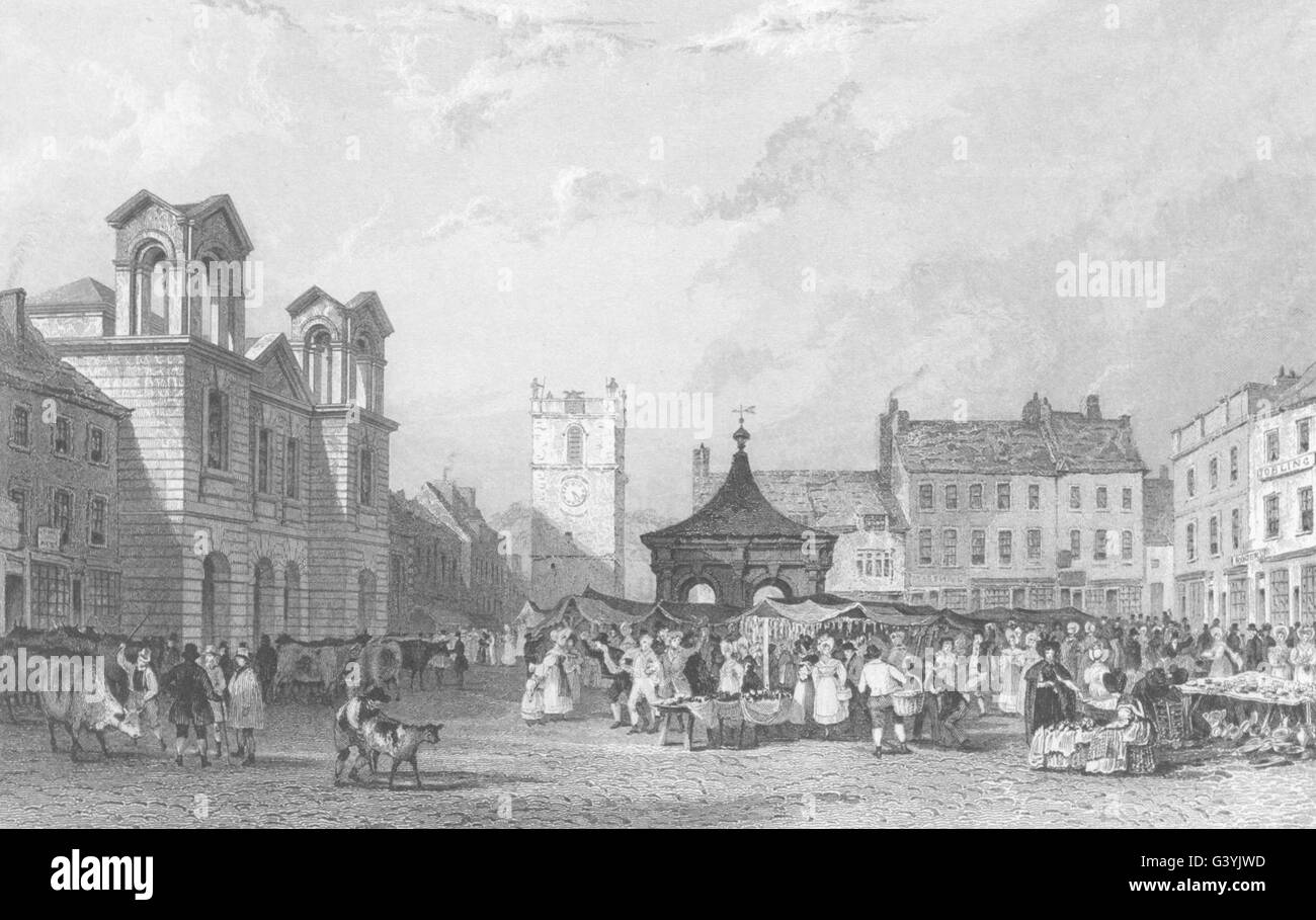 NORTHUMBERLAND: Morpeth, Market-Place (Allom) , antique print 1832 Stock Photo