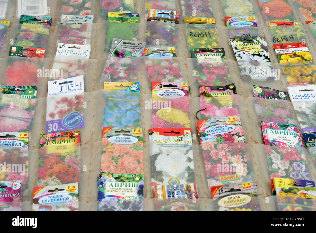 Rows of Russian Vegetable Seeds for Sale at a local market stall Stock ...