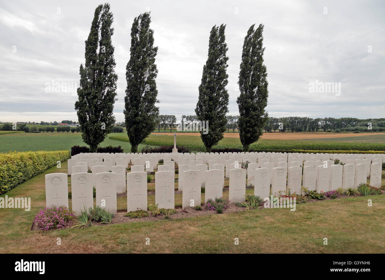 Headstones in the CWGC Klein Vierstraat British Cemetery, Kemmel, West-Vlaanderen, Belgium. Stock Photo