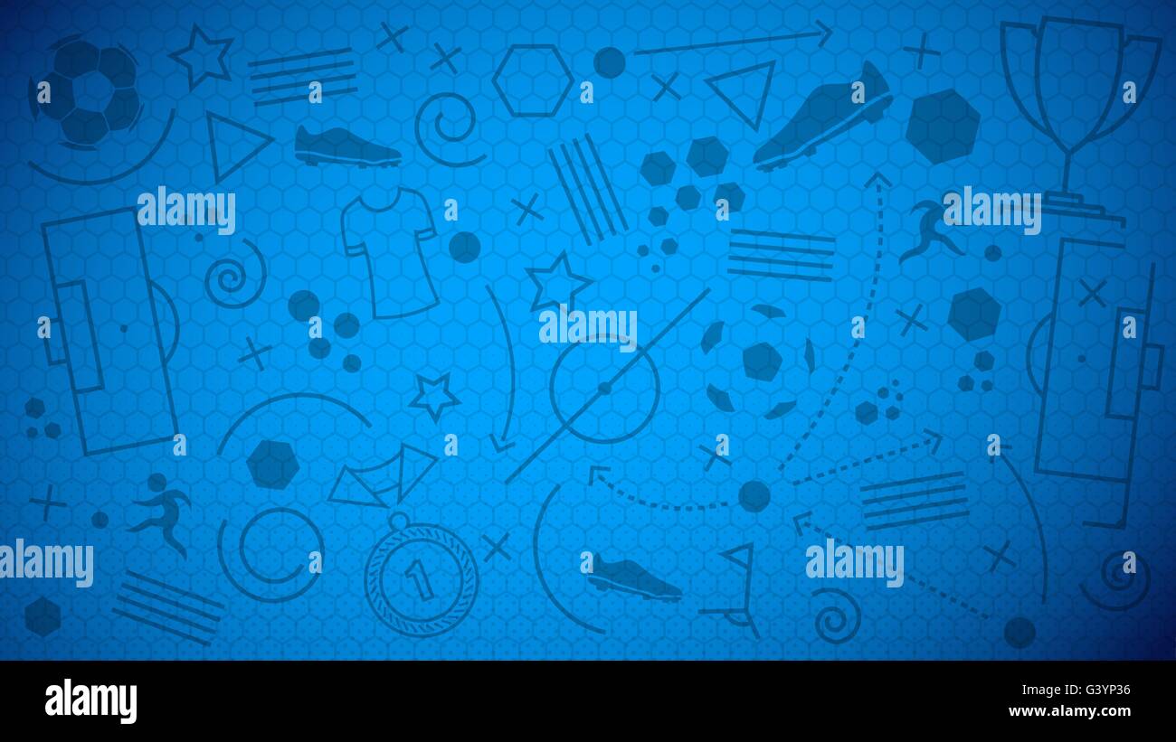 Football championship background. Vector illustration of abstract blue soccer background with different icons Stock Vector