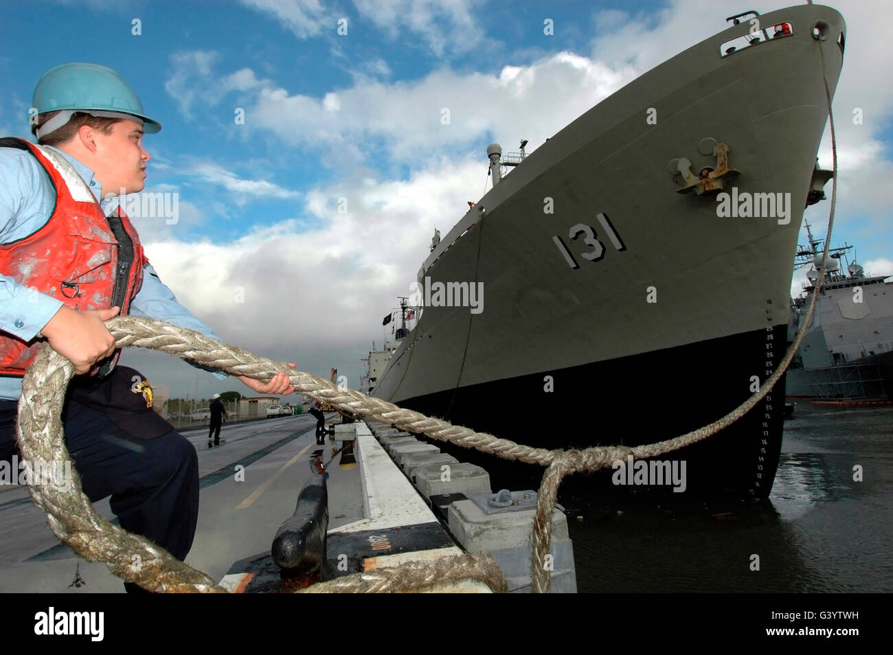 Sonar Technician casts off the Peruvian transport ship BAP Mollendo. Stock Photo