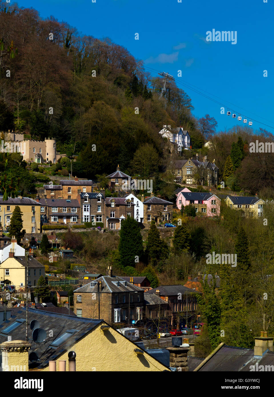 View of houses and River Derwent gorge in Matlock Bath a village in the ...