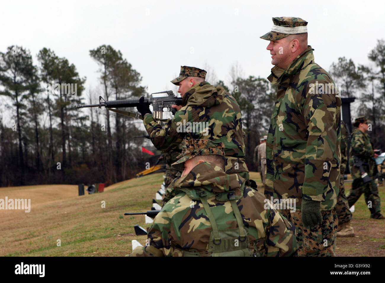 Students practice the fundamentals of rifle marksmanship. Stock Photo