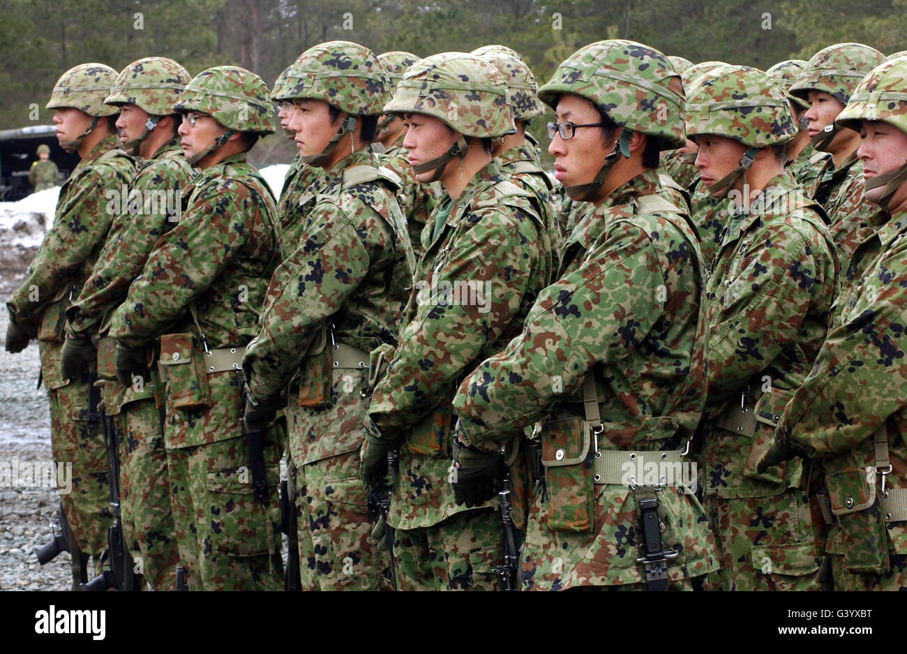 Soldiers from the Japan Ground Self Defense Force perform a rifle salute. Stock Photo