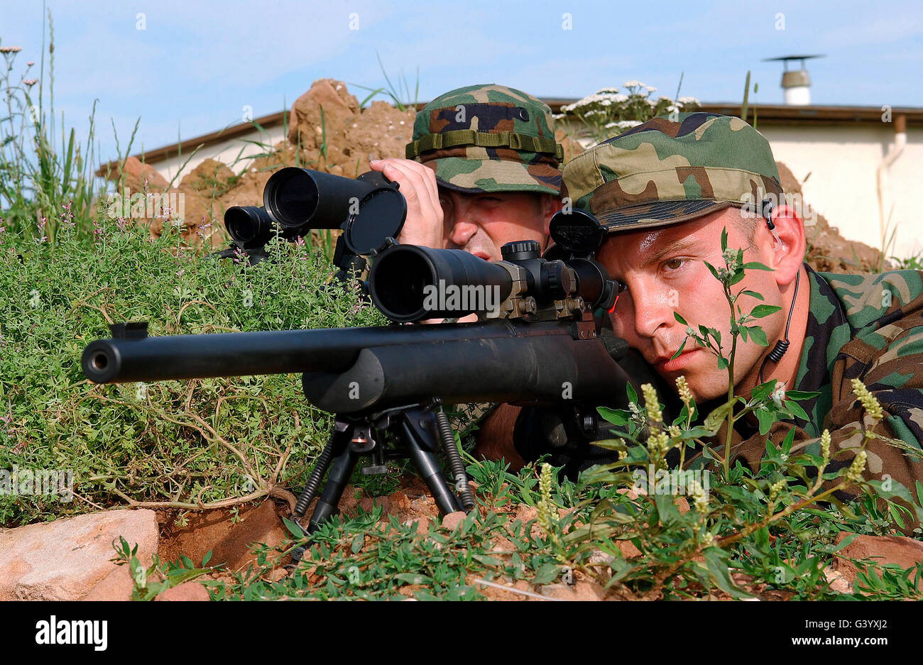 U.S. Air Force Soldiers practice their sniper skills. Stock Photo