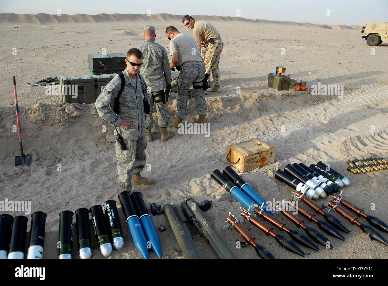 Munitions being prepared for a controlled detonation. Stock Photo