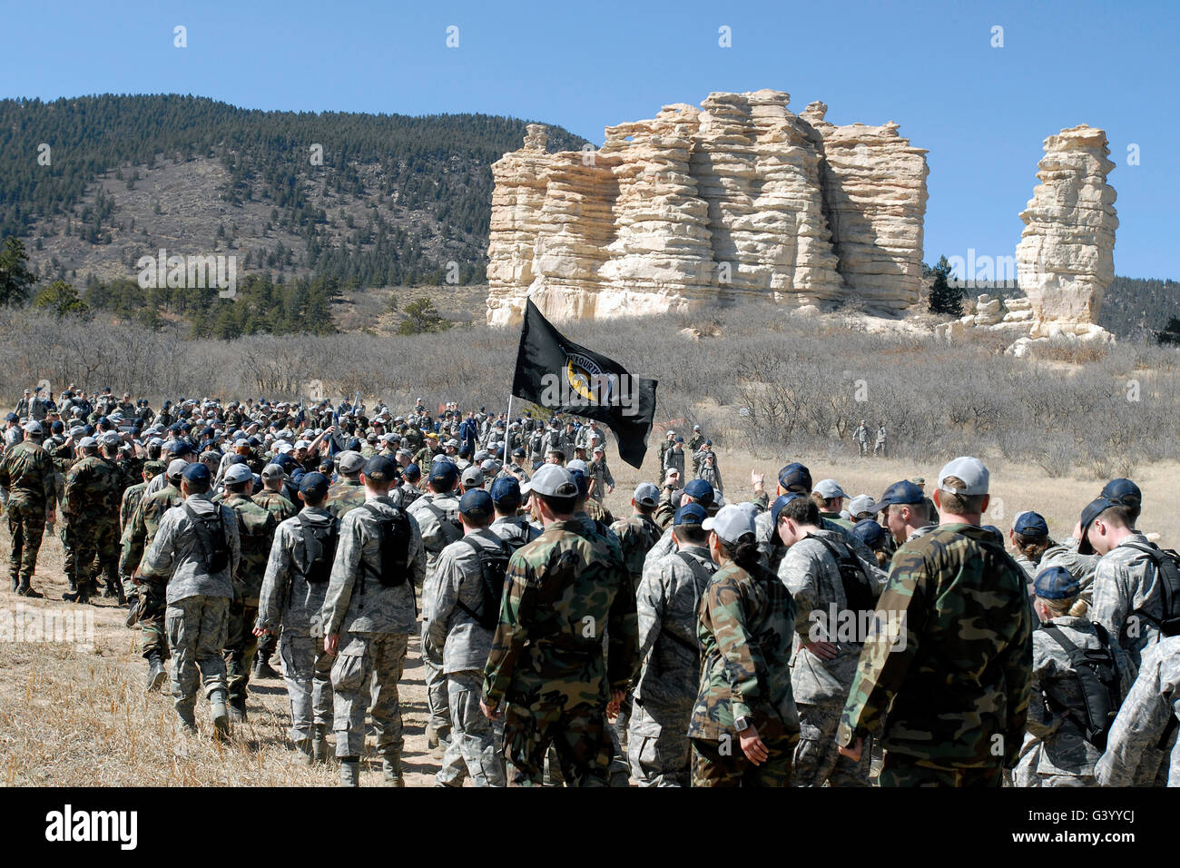 Fourth-class cadets arrive at Cathedral Rock during Recognitions Run to the Rock. Stock Photo