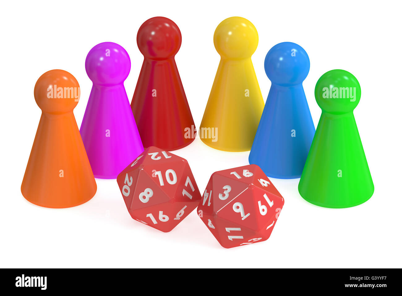 Board Game Pieces and 20 sides Dices, 3D rendering isolated on white