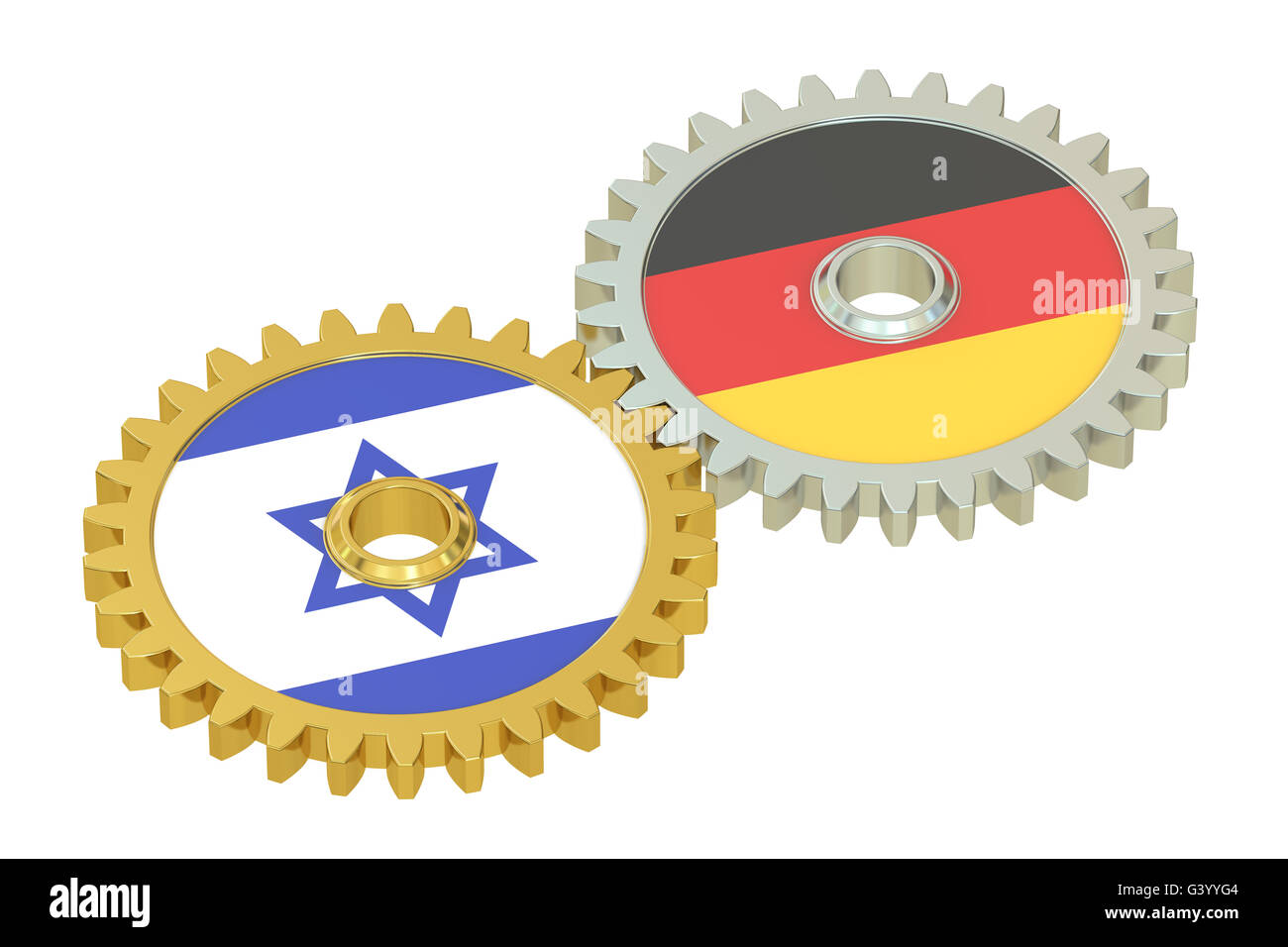 Israel and Germany flags on a gears, 3D rendering isolated on white background Stock Photo