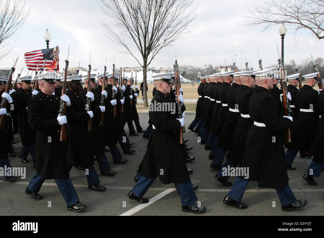 Marines participate in the 2009 presidential inaugural parade. Stock Photo