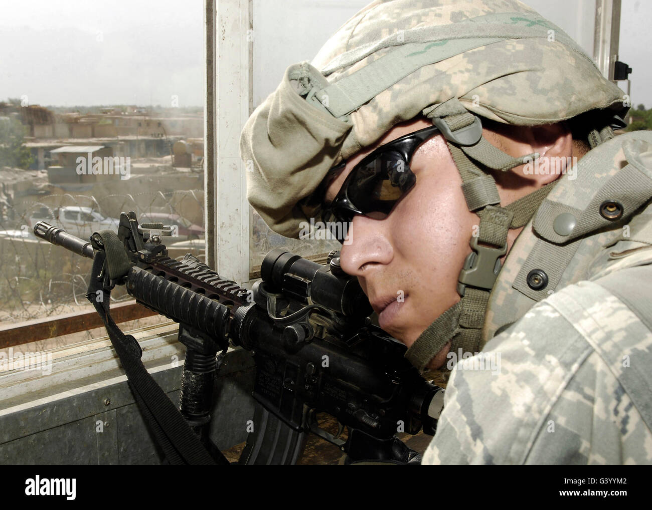A soldier guards the perimeter of Bagram Airfield, Afghanistan. Stock Photo