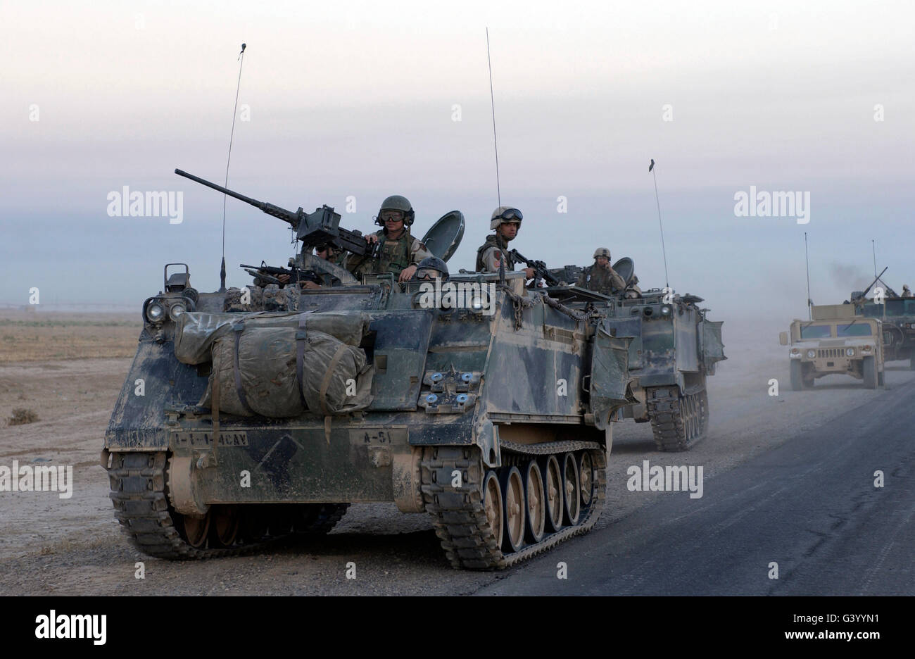 Armored vehicles leaving Samarra, Iraq after conducting an assault during Operation Baton Rouge. Stock Photo