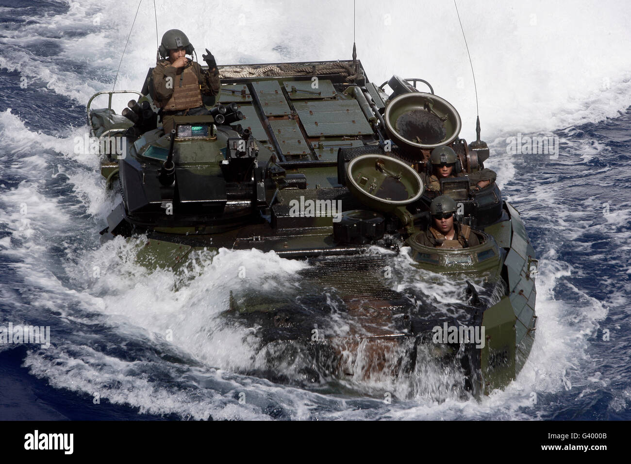 An amphibious assault vehicle off the coast of Okinawa, Japan. Stock Photo