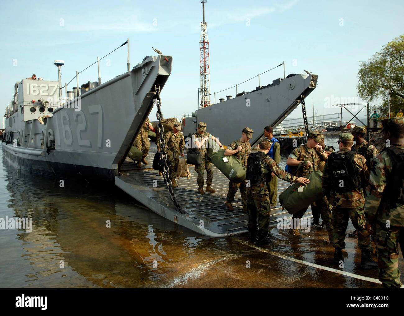 Marines disembarking Landing Craft Utility 1627 at Subic Bay, Philippines. Stock Photo