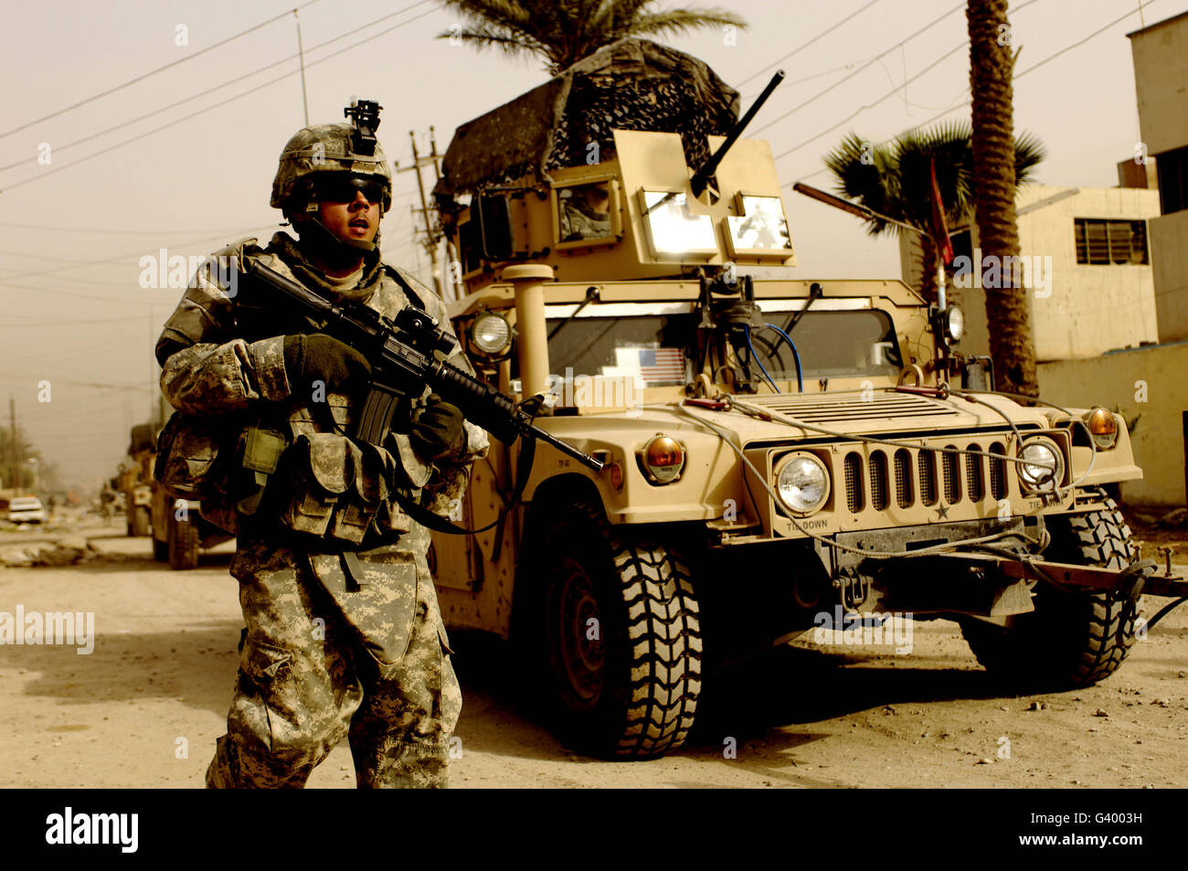 U.S. Army soldier conducting a patrol in Karadah, Iraq. Stock Photo