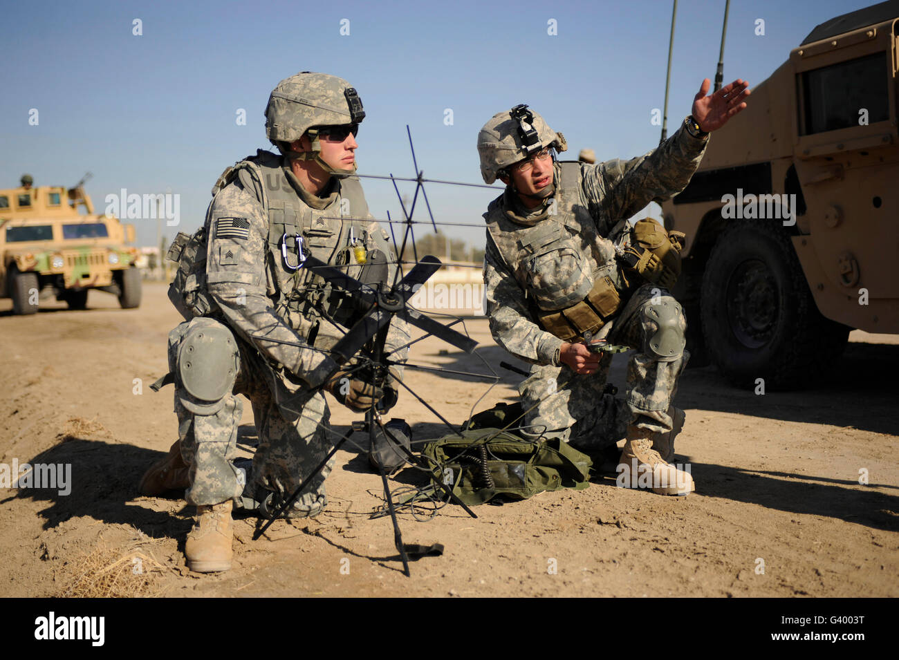 U.S. Army soldiers setting up a tactical satellite radio in Afak, Iraq. Stock Photo