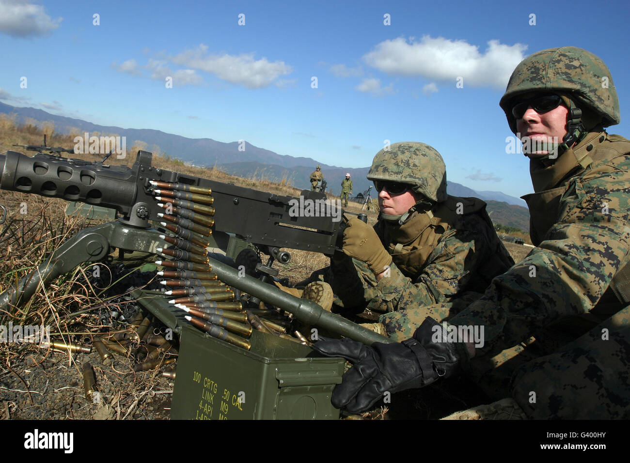 A soldier fires an M2 .50 caliber machine gun. Stock Photo