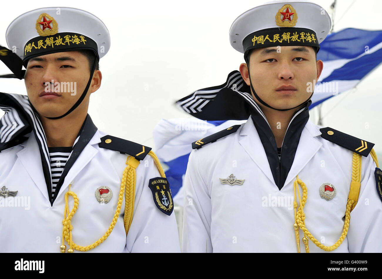 People's Liberation Army Navy sailors stand at attention. Stock Photo