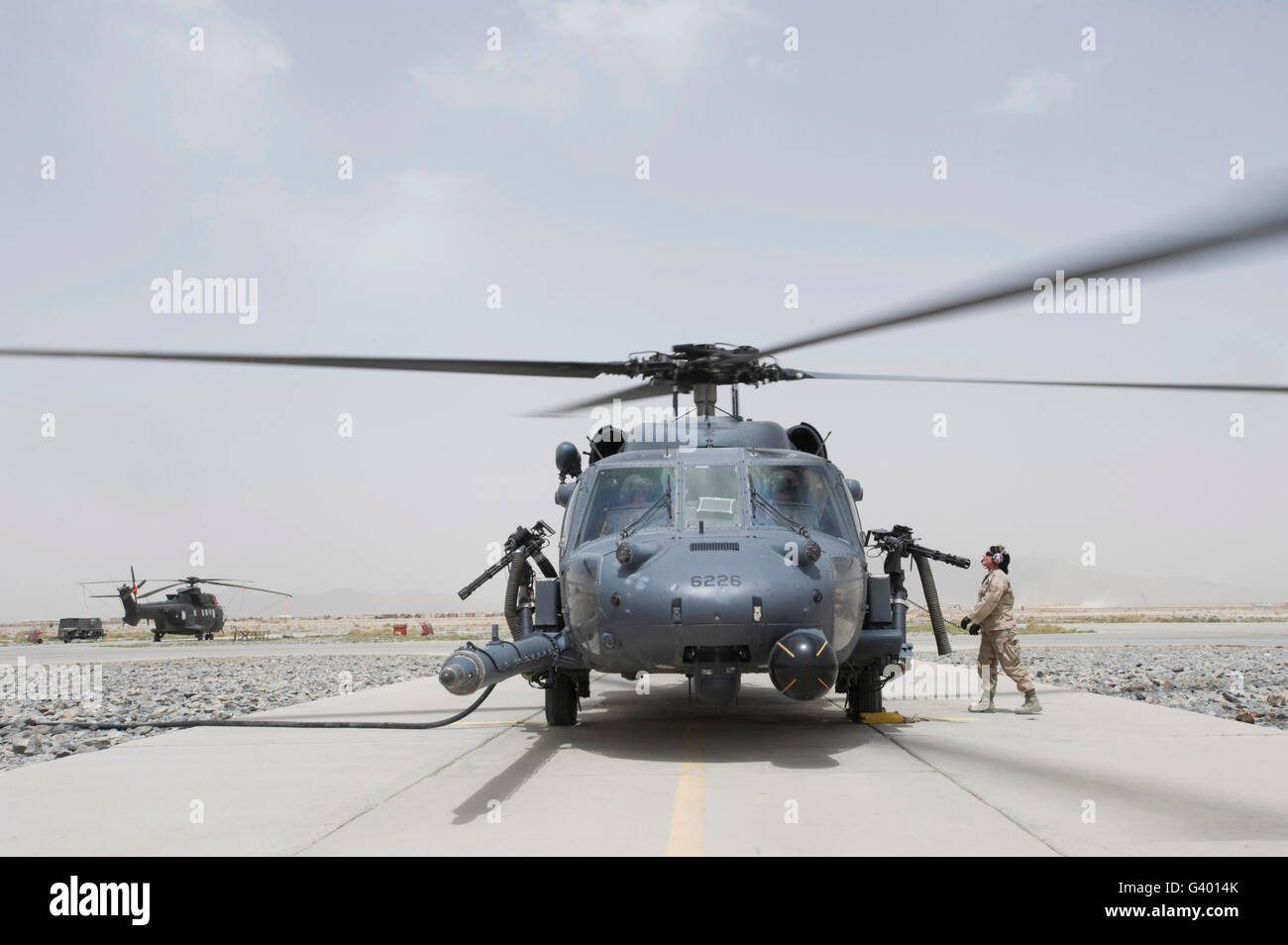An HH-60 Pave Hawk lands after a flight to test mission readiness at Kandahar Air Field, Afghanistan. Stock Photo