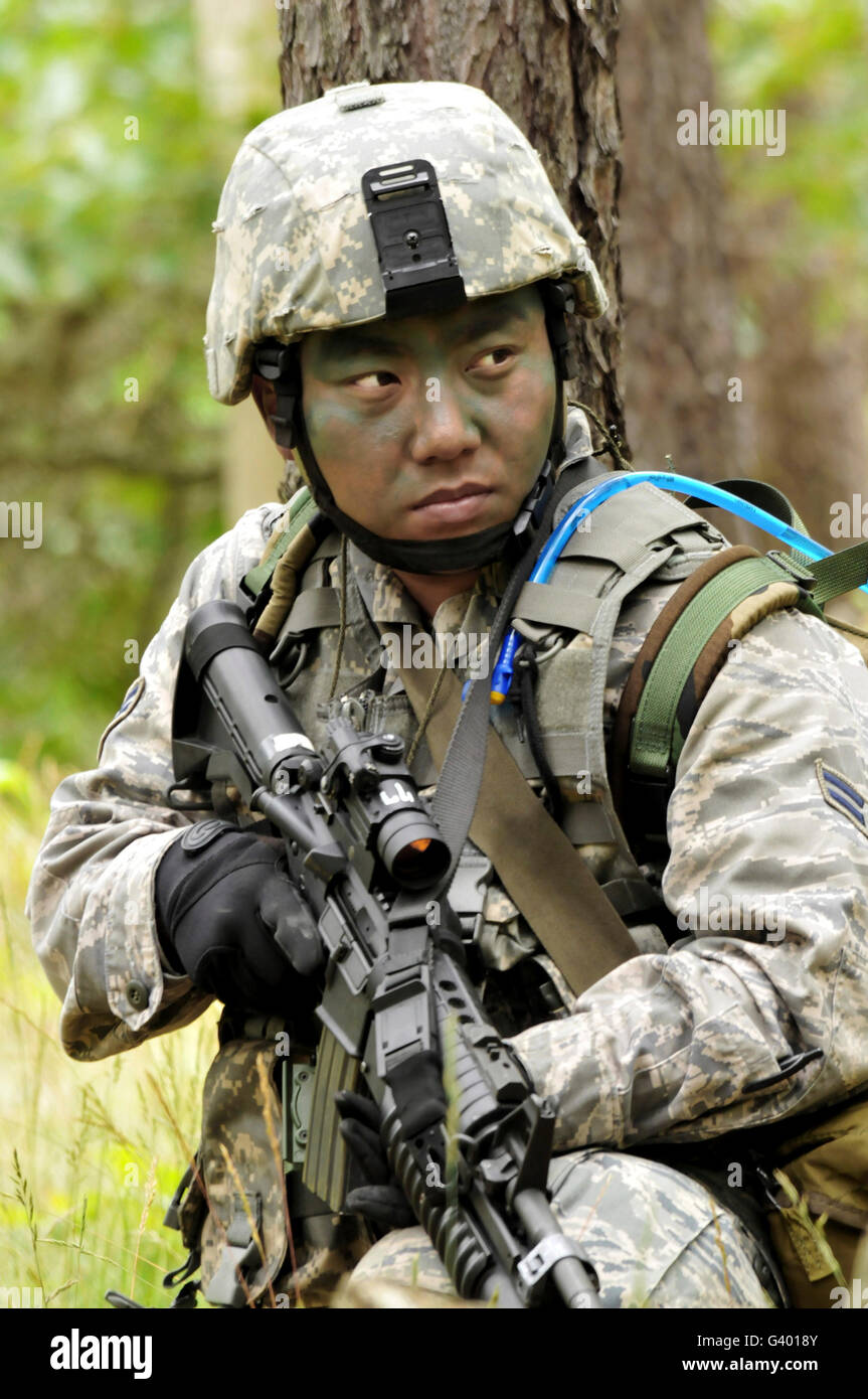 Airman scans the tree line for enemy combatants. Stock Photo