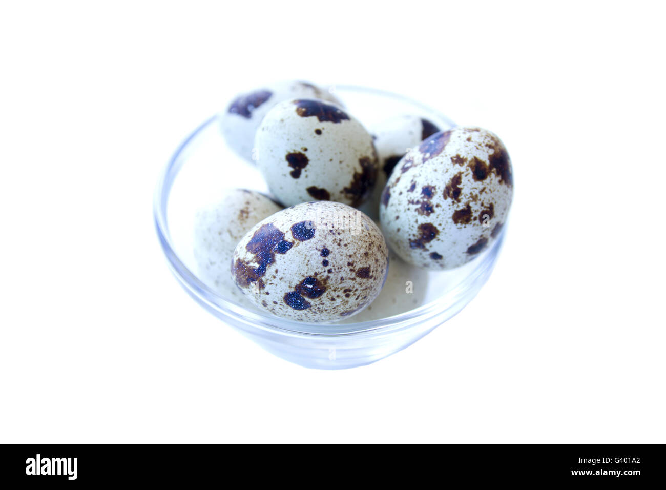 Bowl with quail eggs on a white background Stock Photo