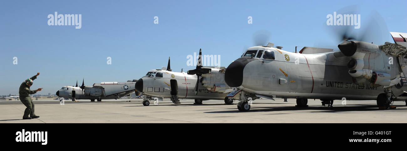 C-2A Greyhound aircraft start their engines for a flight training operation. Stock Photo