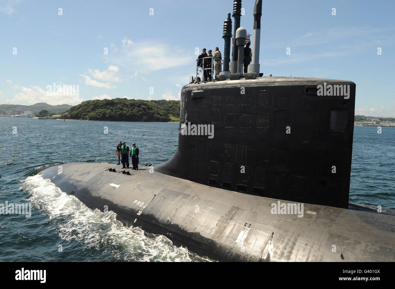 Virginia-class attack submarine USS Hawaii transits Tokyo Bay. Stock Photo