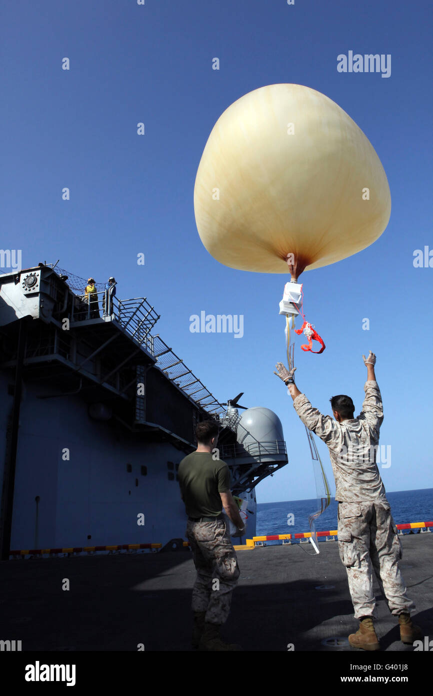 U.S. Marines launch a Combat SkySat High Altitude Operations Payload system from USS Kearsarge. Stock Photo