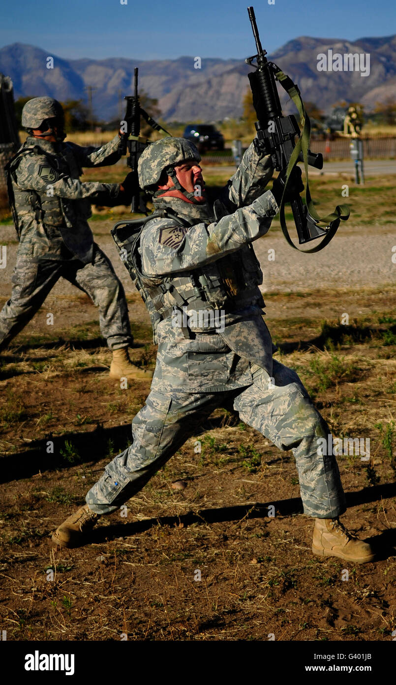 U.S. Air Force soldier practices rifle-fighting techniques. Stock Photo