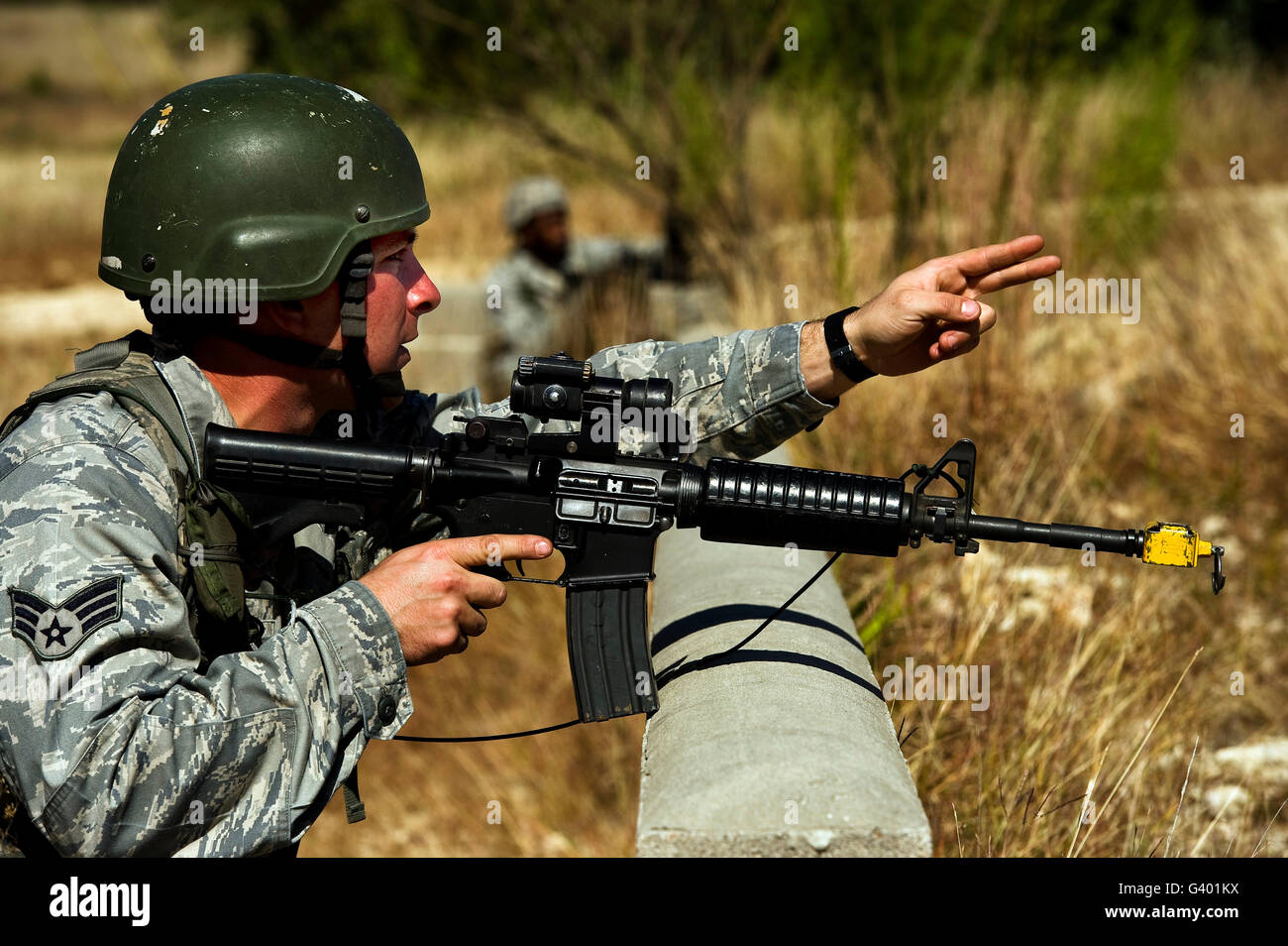 U.S. Air Force Senior Airman provides support during urban operations training. Stock Photo