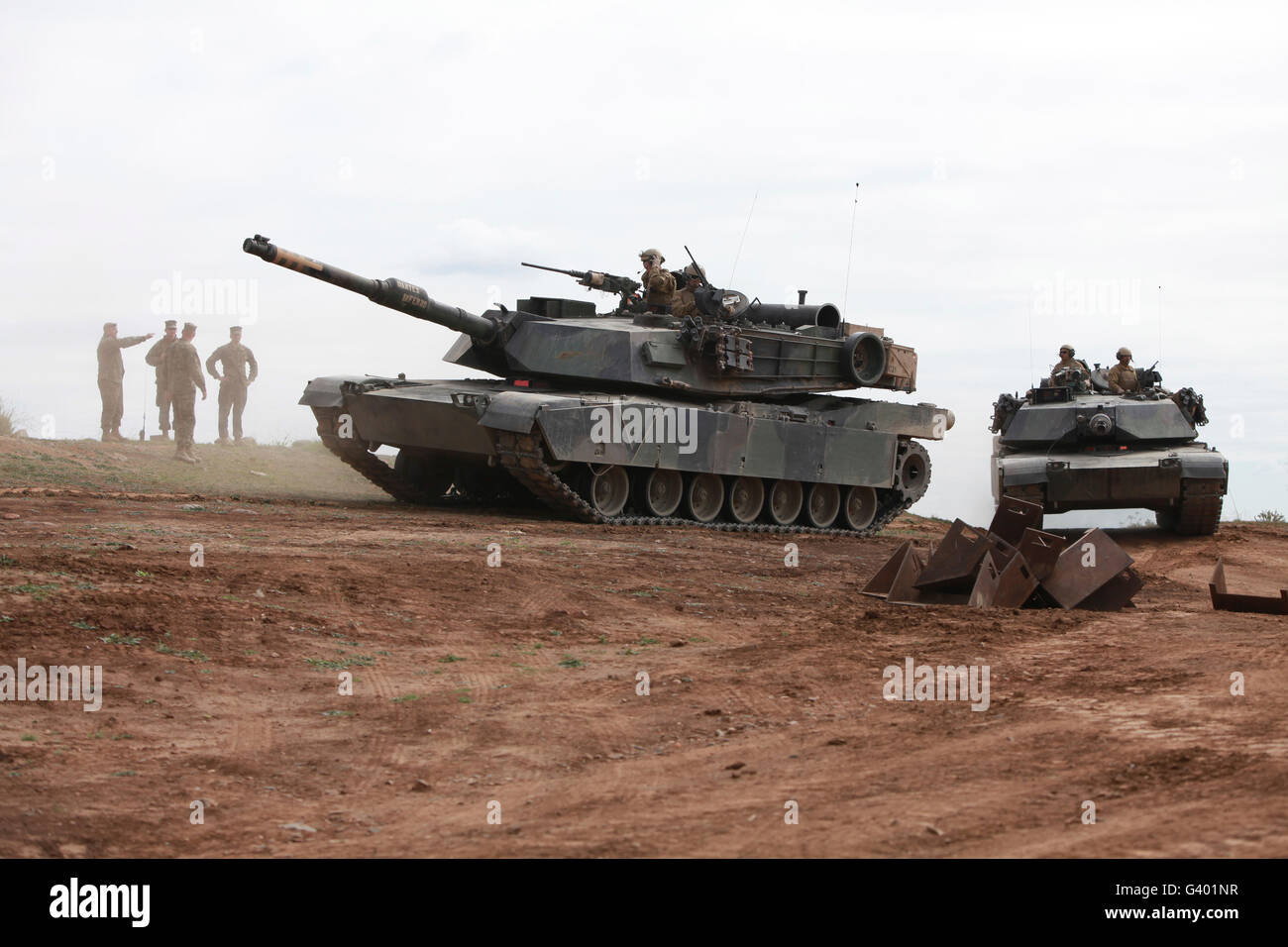 Battle Tanks on the move during Exercise Iron Fist. Stock Photo