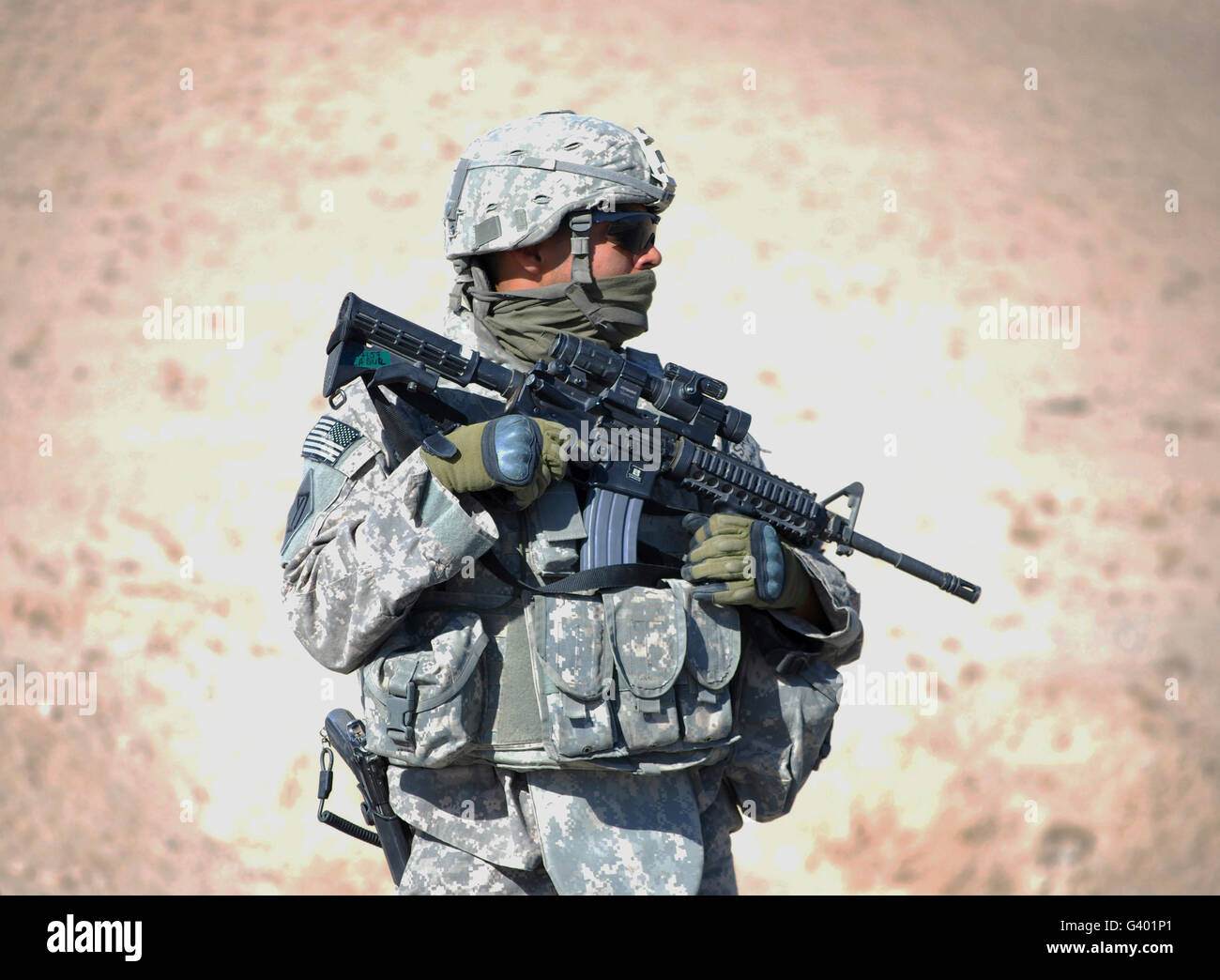 An Army soldier stands guard while near Qalat, Afghanistan. Stock Photo