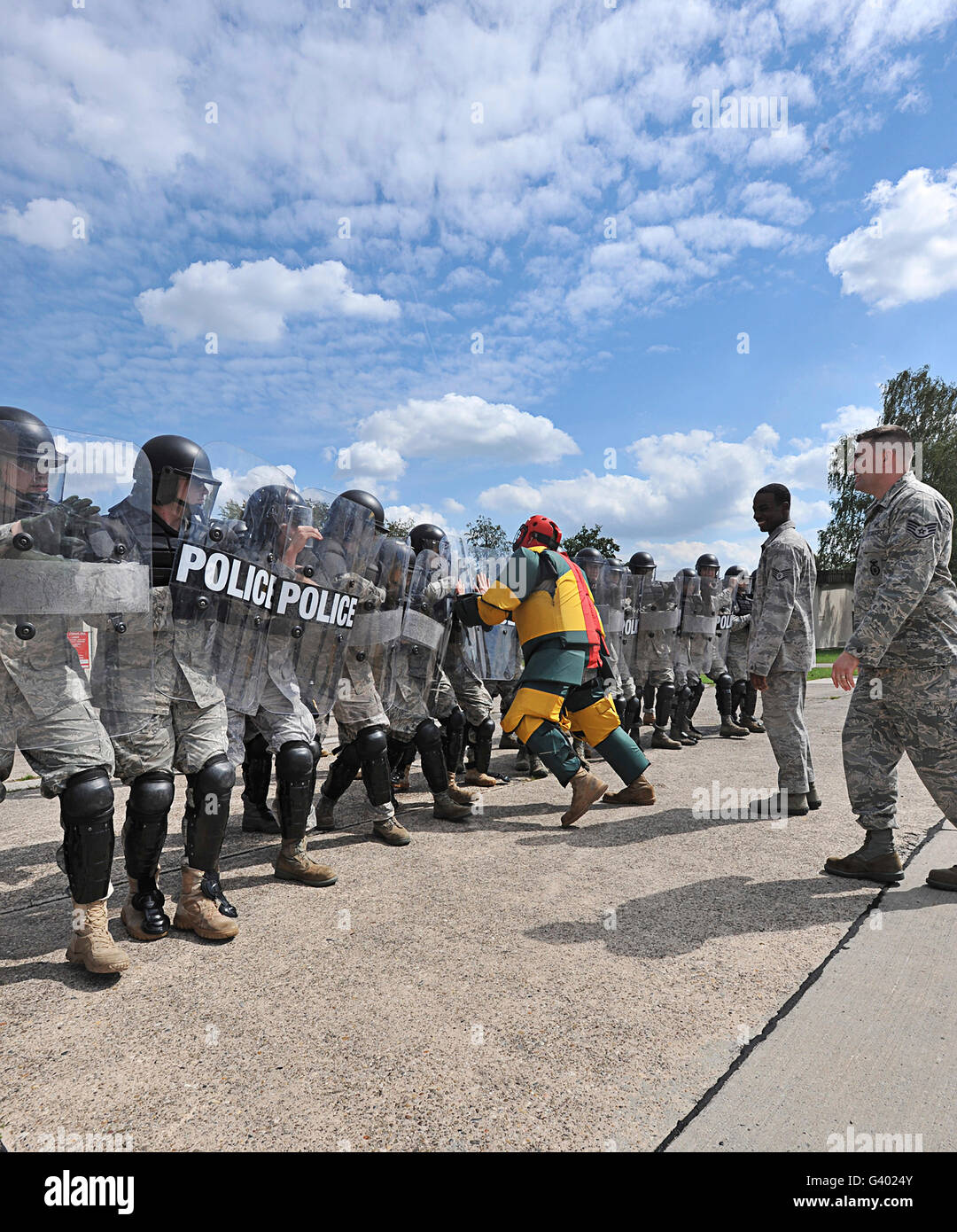 U.S. Air Force 86th Security Forces Squadron in a simulated riot control exercise. Stock Photo