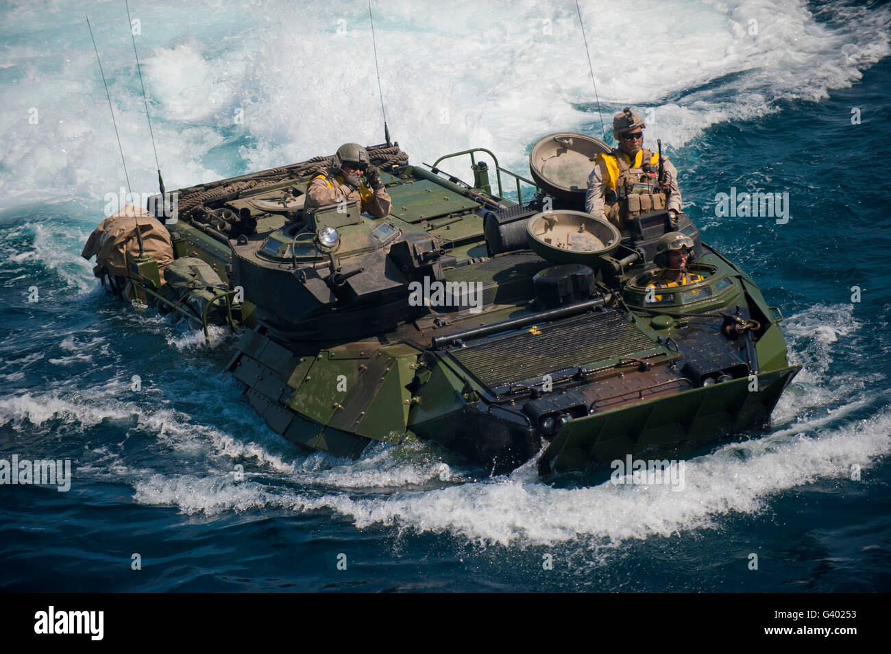 Marines navigate an amphibious assault vehicle. Stock Photo
