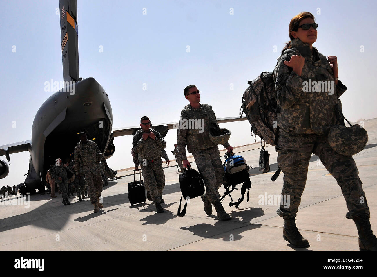 Airmen arrive in Iraq in support of Operation New Dawn. Stock Photo