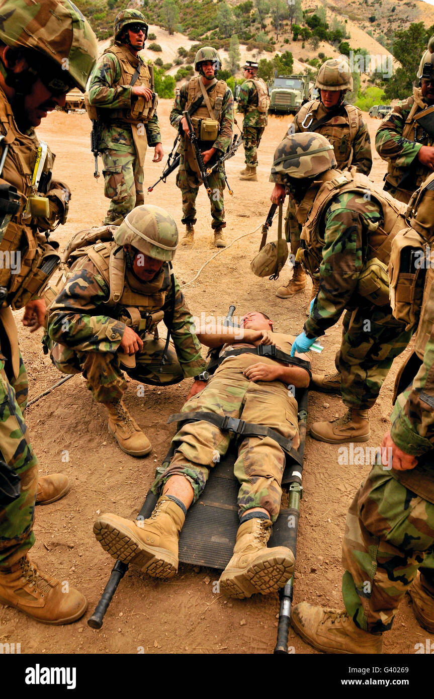 Seabees conduct a mass casualty drill at Fort Hunter Liggett, California. Stock Photo