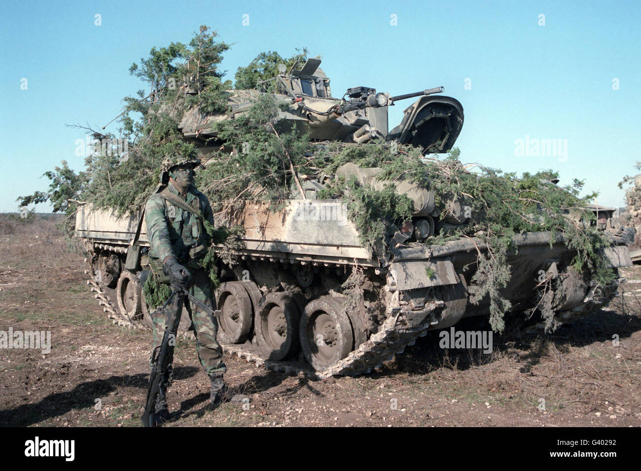 A soldier stands beside a camouflaged M2 Bradley infantry fighting vehicle. Stock Photo