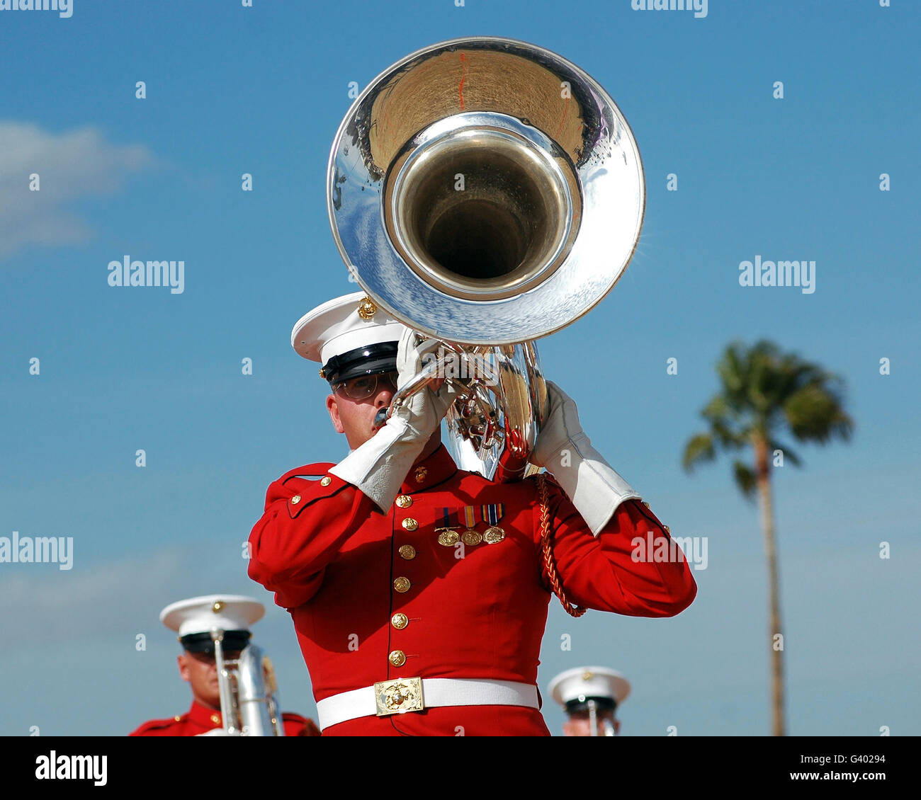 U.S. Marine Corps Drum and Bugle Corps performing. Stock Photo