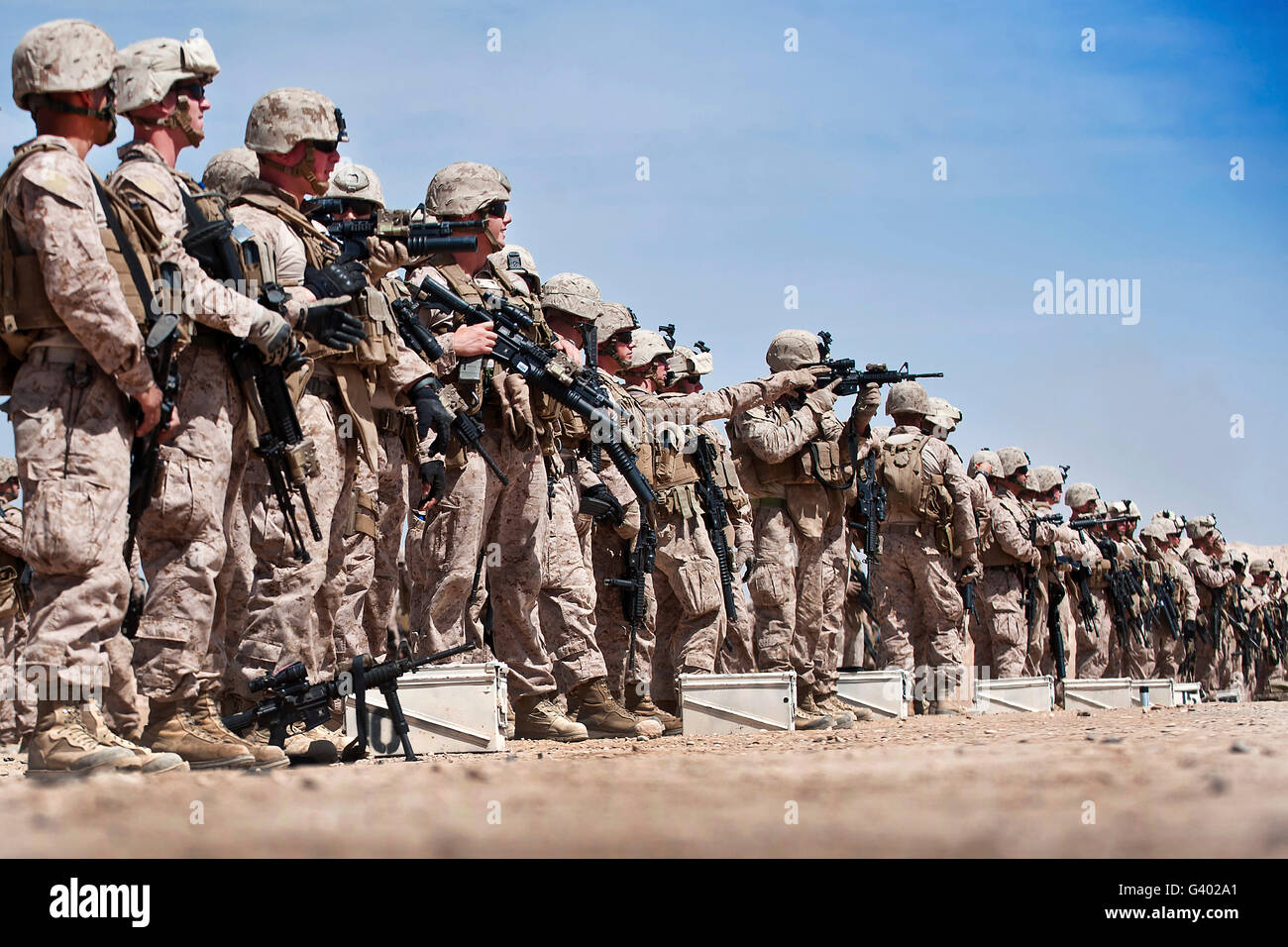 Marines verify the battle sight zeroes on their rifles at Camp Leatherneck, Afghanistan. Stock Photo