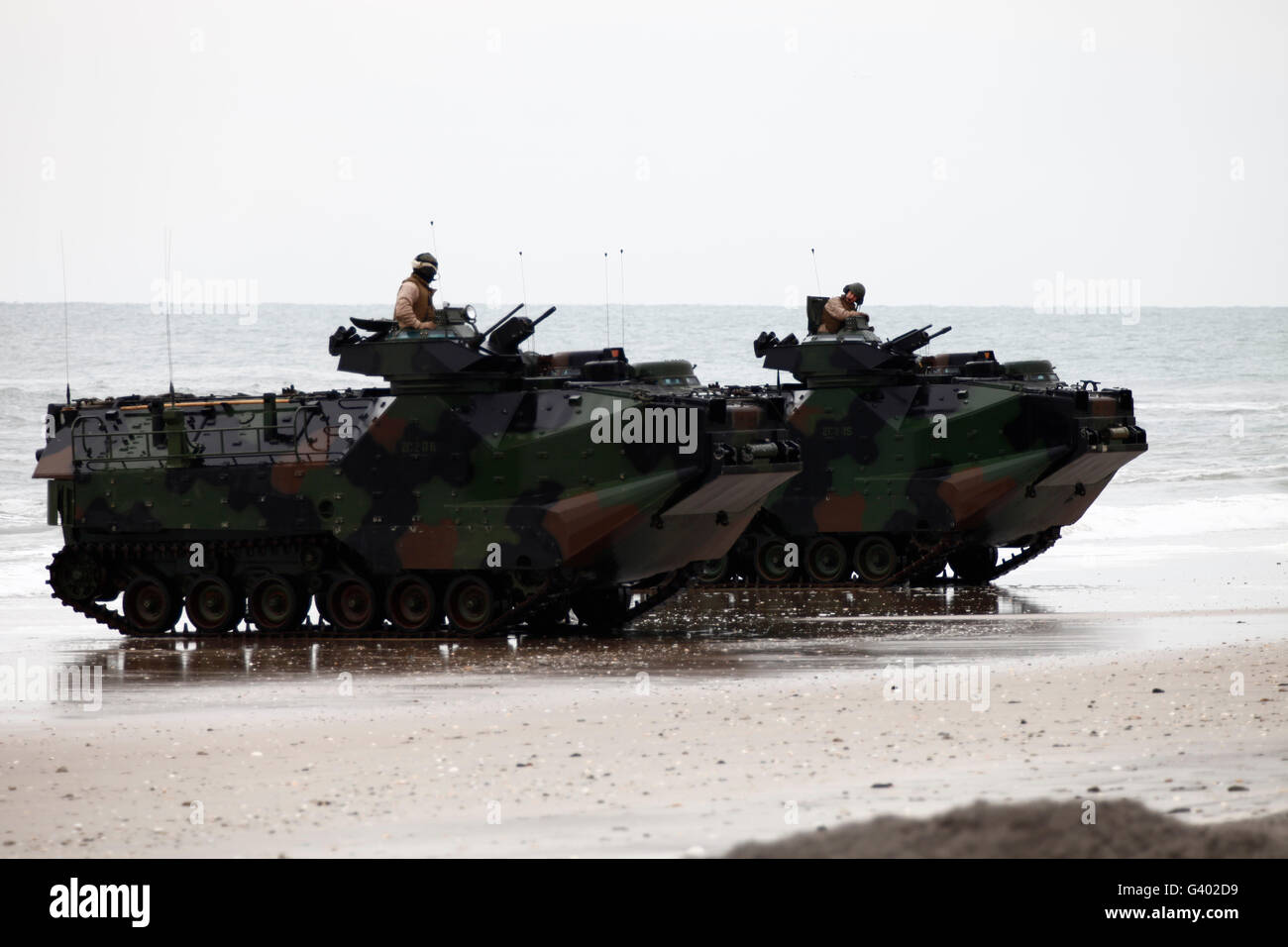 Amphibious assault vehicles land ashore Camp Lejeune, North Carolina. Stock Photo