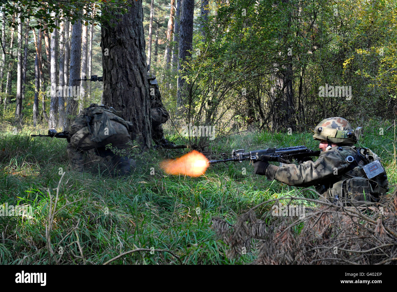 Polish soldiers engage in simulated combat. Stock Photo