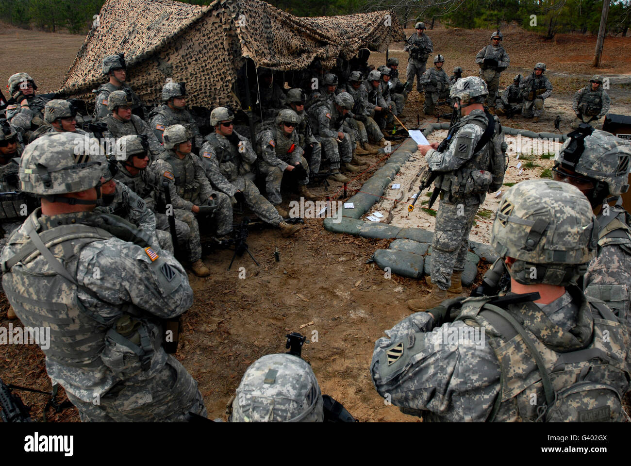 Infantrymen receive their safety brief at Fort Brenning, Georgia. Stock Photo