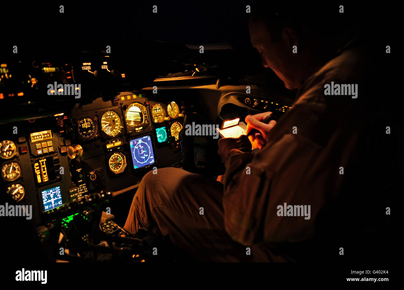 U.S. Air Force KC-10 Extender pilot does a pre-landing check. Stock Photo
