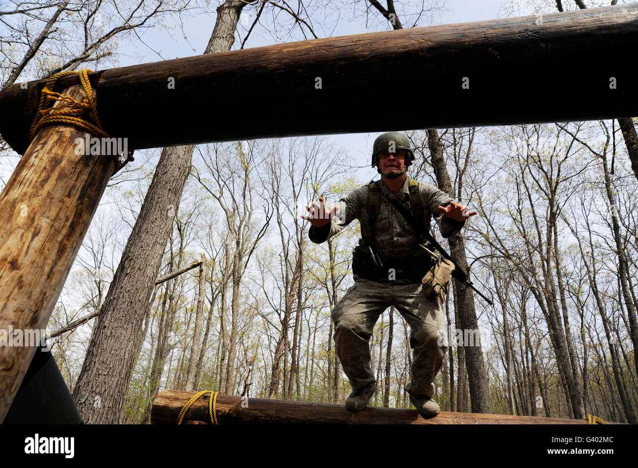 A U.S. Air Force Academy cadet on a obstacle course. Stock Photo