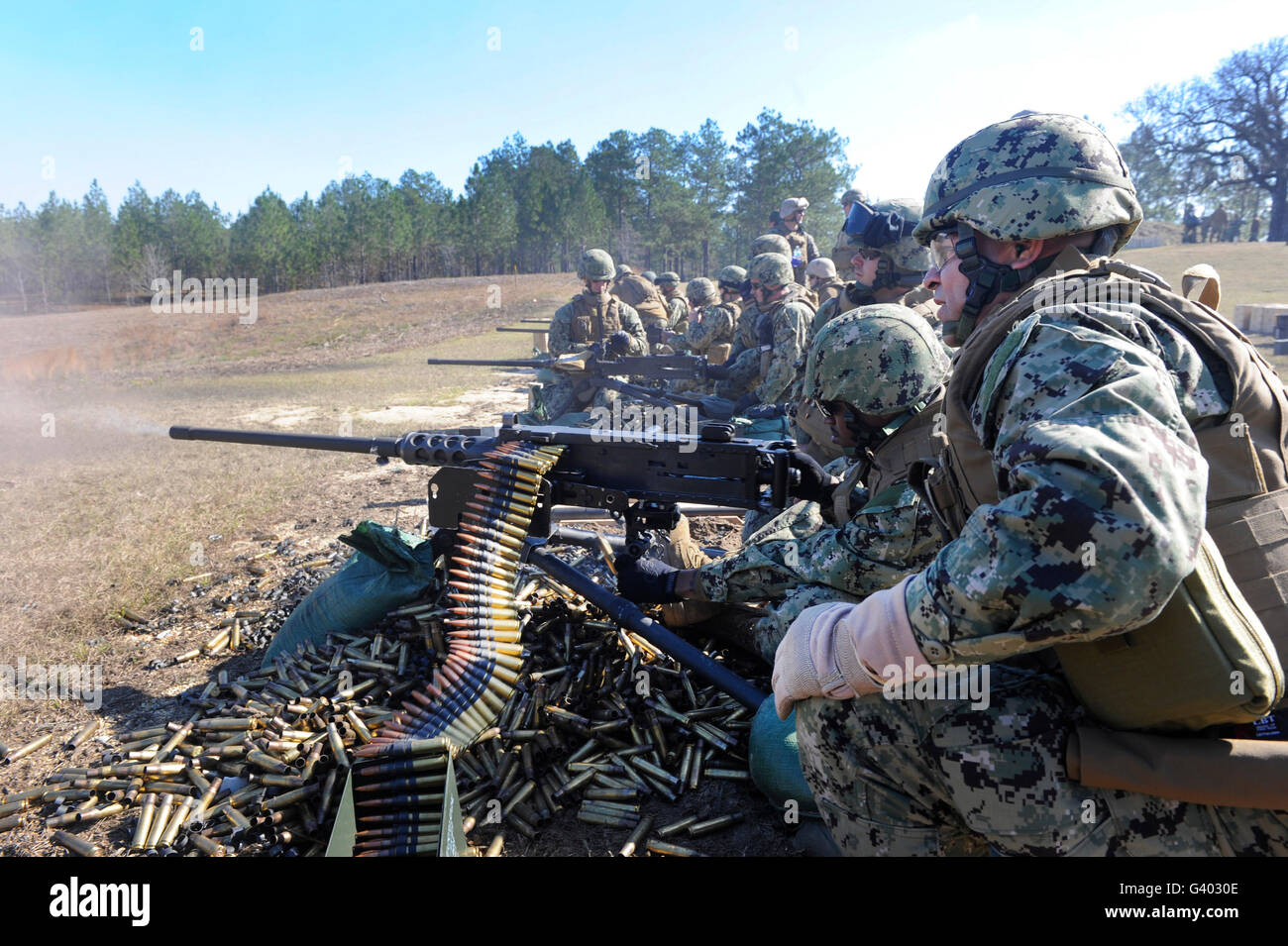 Seabees fire the M2 .50-caliber machine gun. Stock Photo