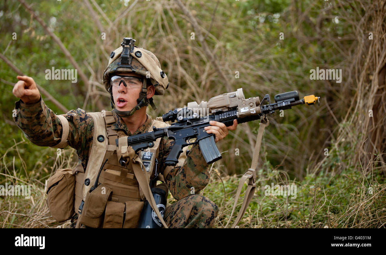 U.S. Marine Corps machine gunner directs his fire team. Stock Photo