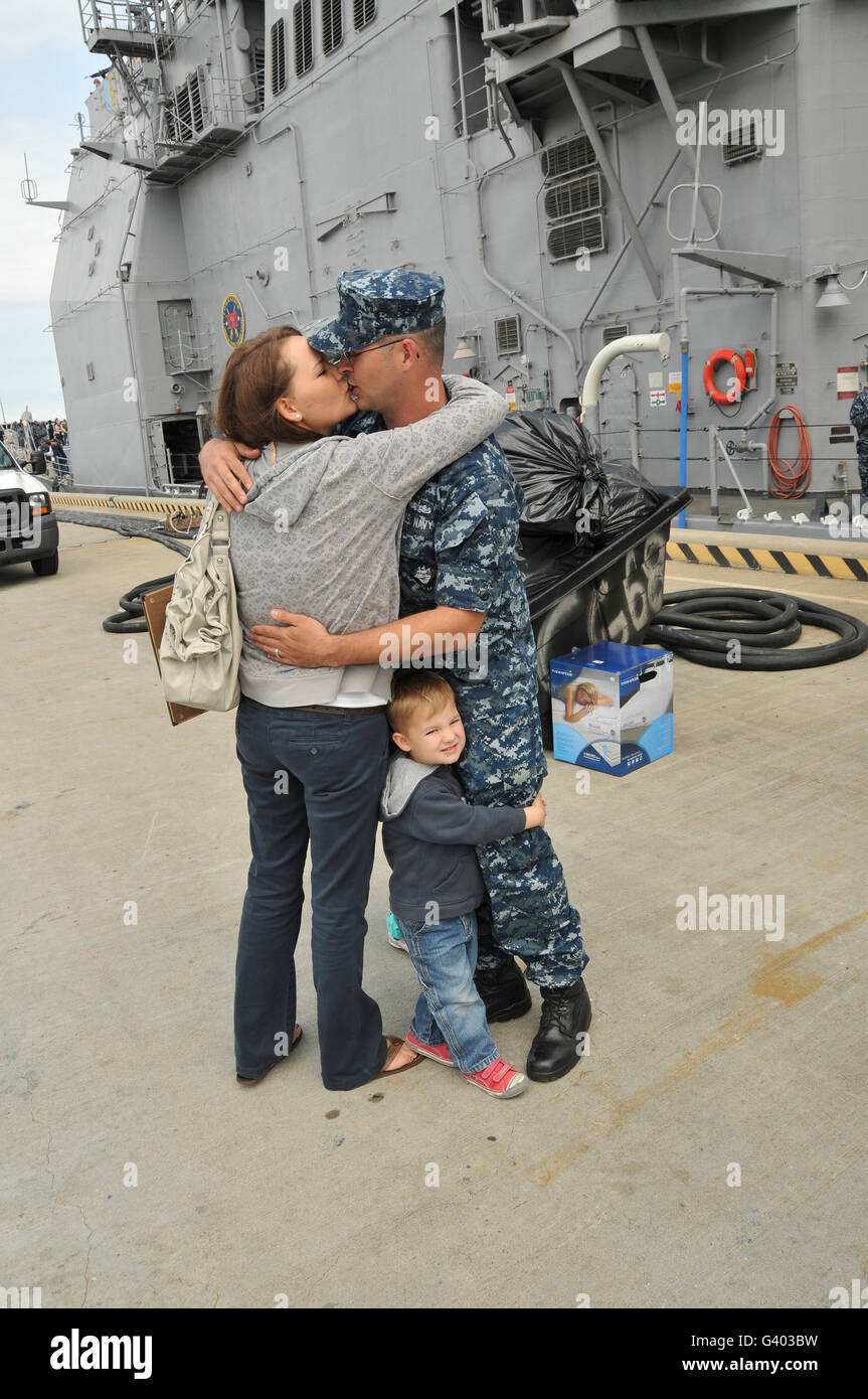 Sonar Technician kisses his wife goodbye before the shipâ€™s departure. Stock Photo