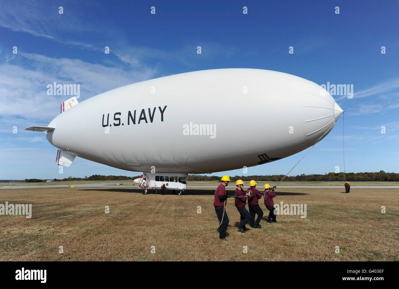 Handlers prepare to launch the Navy's MZ-3A manned airship. Stock Photo