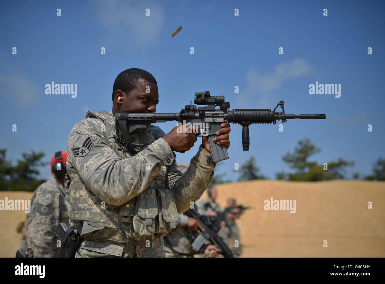 Members of the Security Forces Squadron train on M4 carbines. Stock Photo